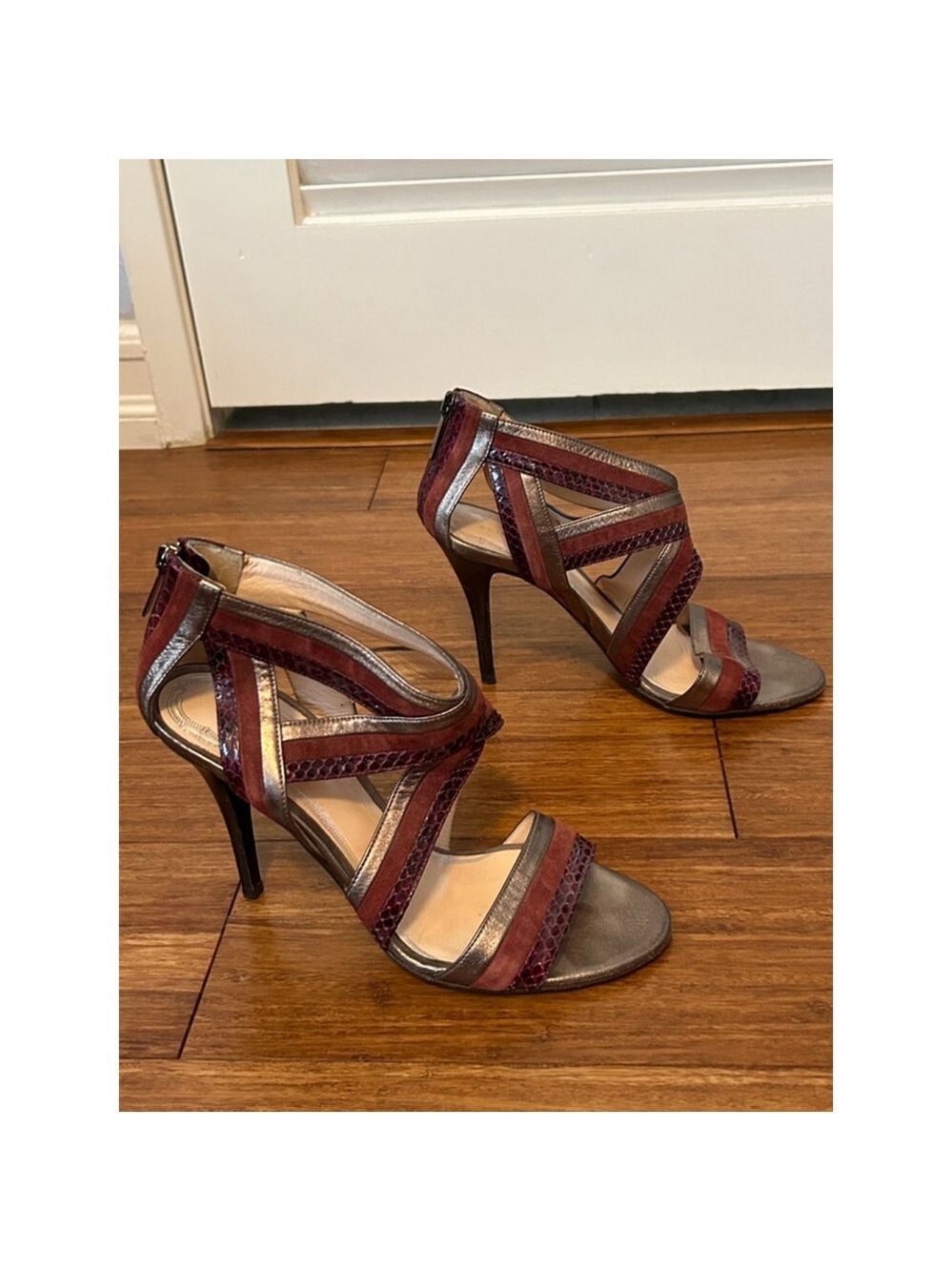Eli Tahari Burgundy Suede & Snakeskin Stiletto Heels Sandals Size 39.5